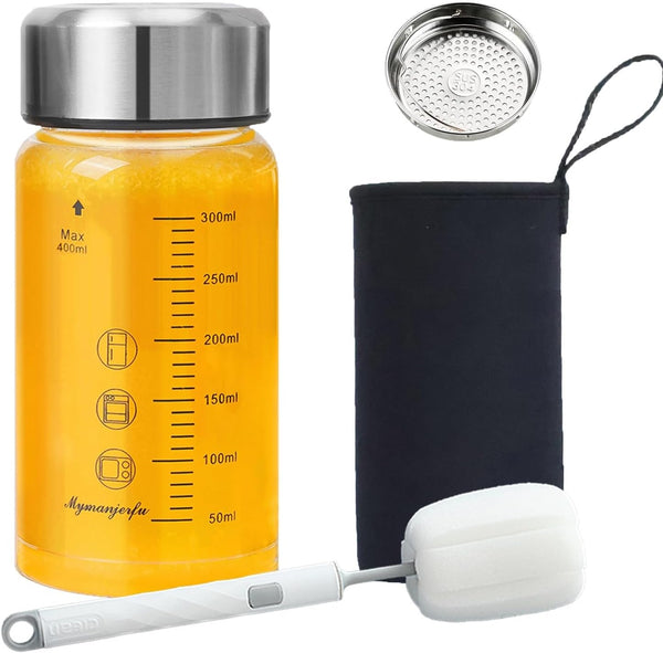 Glass Juice Bottles 16 Oz - Wide Mouth Glass Water Bottles with Lids and Sleeve- for Juicing, Smoothies, Milk, Protein, Reusable, Stainless Steel