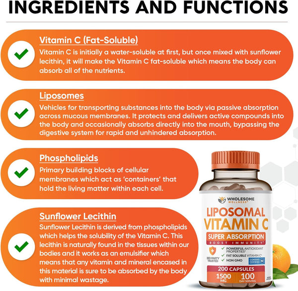 Wholesome Wellness Liposomal Vitamin C Capsules (200 Pills 1500Mg Buffered) High Absorption, Immune System & Collagen Booster, High Dose Fat