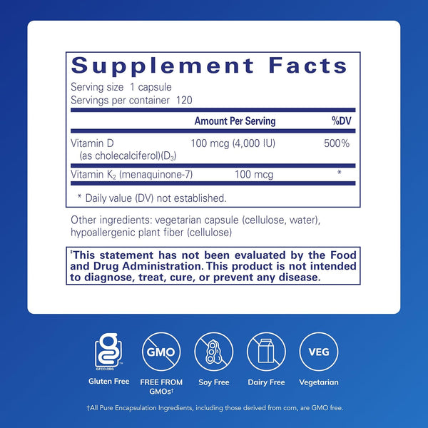 Pure Encapsulations Vitamin D3 & K2 | Bone and Vascular Health Support | 120 Capsules*