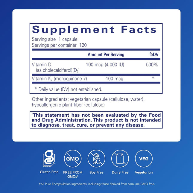 Pure Encapsulations Vitamin D3 & K2 | Bone and Vascular Health Support | 120 Cap