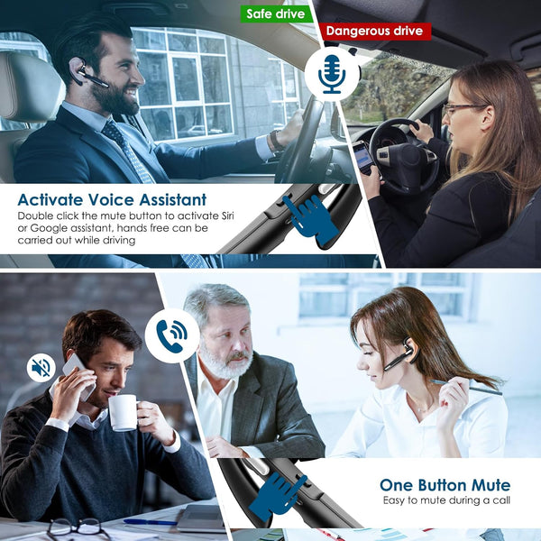 Bluetooth Headset, Wireless Bluetooth Earpiece V5.0 Hands-Free Earphones with Built-in Mic for Driving/Business/Office, Compatible with iPhone and