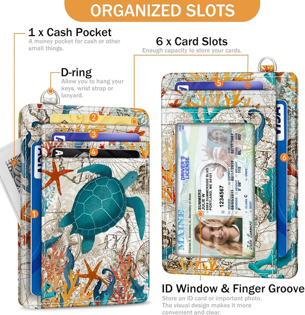 Credit Card Holder Slim Wallet, Sea Turtle RFID Wallet Women Front Pocket Small Card Holder Travel Cute Funny Thin Card Case ID Window PU Leather