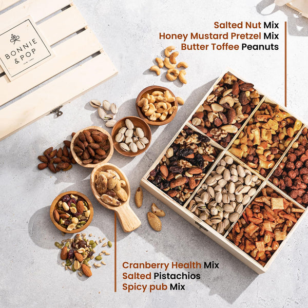 Nut Gift Basket, in Reusable Wooden Crate, Healthy Fathers Day Gift Option, Gourmet Snack Food Box, with Unique Flavors, Great for Feel Better,