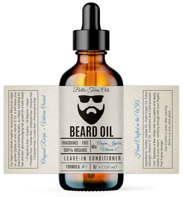 Bella Terra Oils - Beard Oil 4oz - Crafted with Genuine Natural Natural Vitamin E, Natural Jojoba & Argan, Classic Anti-Friz Formula, Elevating
