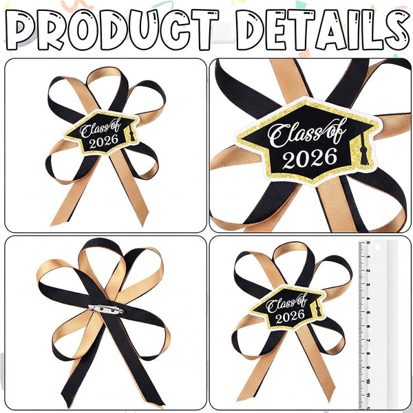 Daifunli 3 Pcs Graduation Lei Accessories Class of 2026 Ribbon Bows Lei Decals for Leis Gold Graduation Party Theme Celebration Decoration
