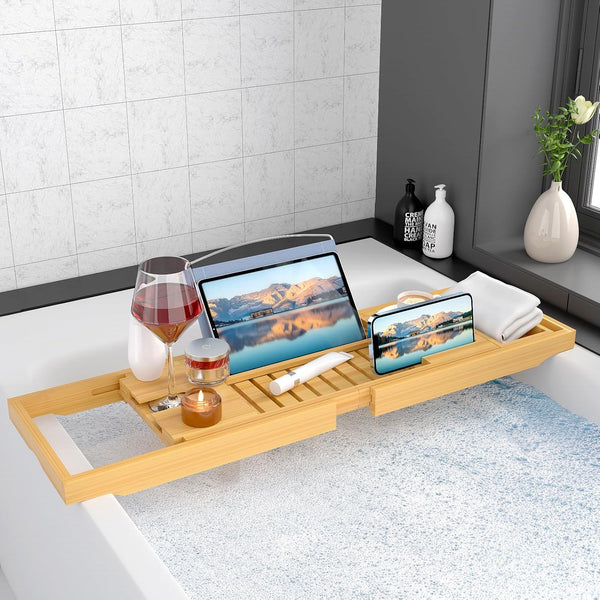 Luxury Bathtub Caddy TrayÃ¯Â¼ÂBamboo Bathtub Tray Caddy - Wood Bath Tray ExpandableÃ¯Â¼ÂCan Be Placed Book and Integrated Tablet Smartphone and Wine