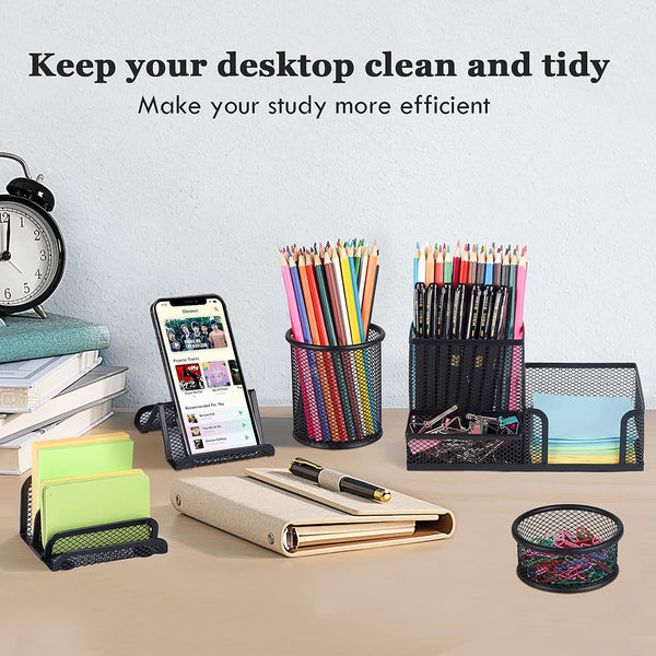 Pen Holder for Desk, 6 Pieces Mesh Desk Organizer Set 3 Compartments Pens Holder, Mail Organizer Letter Holder Home Office Supplies Caddy Storage