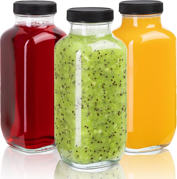 umud Juice Bottles with Lids, 16 Oz, Set of 3 | Clear Glass Jars with Caps, Reusable Empty Drink Containers, For Juicing, Smoothies, Water, Milk,