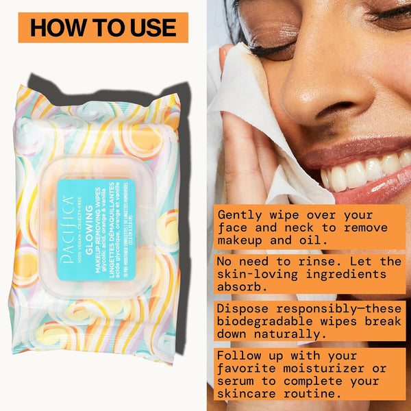 Pacifica Beauty | Glowing Makeup Remover Wipes | Gycolic Acid, Coconut Water, Aloe Infused | Daily Cleansing + Exfoliating | Clean Skin Care |