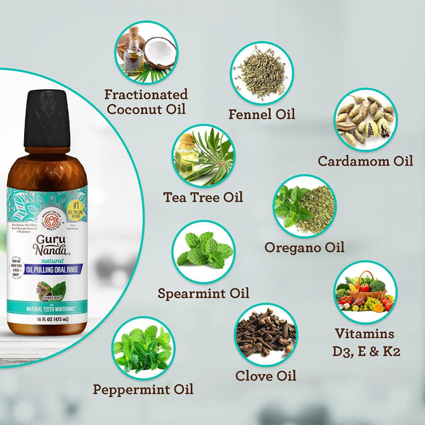 GuruNanda Farmed Mint Oil Pulling Mouthwash for Complete Oral Hygiene, 7 Essential Oils & Vitamins for Happy Teeth & Gums & Fresh Breath,