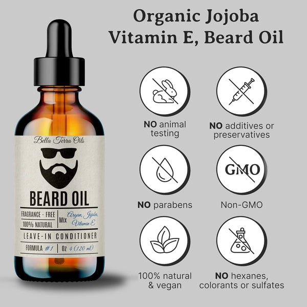 Bella Terra Oils - Beard Oil 4oz - Crafted with Genuine Natural Natural Vitamin E, Natural Jojoba & Argan, Classic Anti-Friz Formula, Elevating