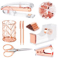 Famassi Rose Gold Desk Accessories，Office Supplies Set Acrylic Stapler Set Staple Remover, Tape Holder, 2 Ballpoint Pen, Scissor, Binder/Paper