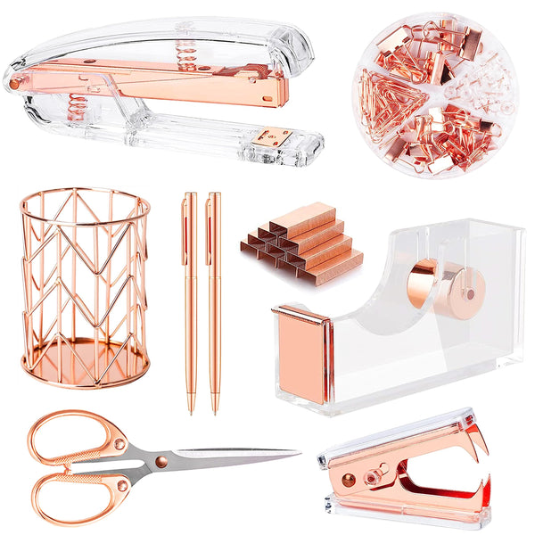 Famassi Rose Gold Desk Accessories，Office Supplies Set Acrylic Stapler Set Staple Remover, Tape Holder, 2 Ballpoint Pen, Scissor, Binder/Paper