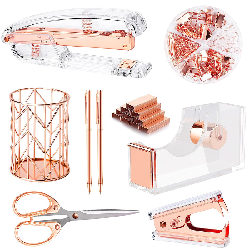 Famassi Rose Gold Desk Accessories，Office Supplies Set Acrylic Stapler Set Staple Remover, Tape Holder, 2 Ballpoint Pen, Scissor, Binder/Paper