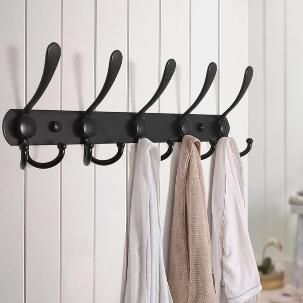 Dseap Coat Rack Wall Mounted - 5 Tri Hooks, Heavy Duty, Stainless Steel, Metal Coat Hook Rail for Coat Hat Towel Purse Robes Mudroom Bathroom