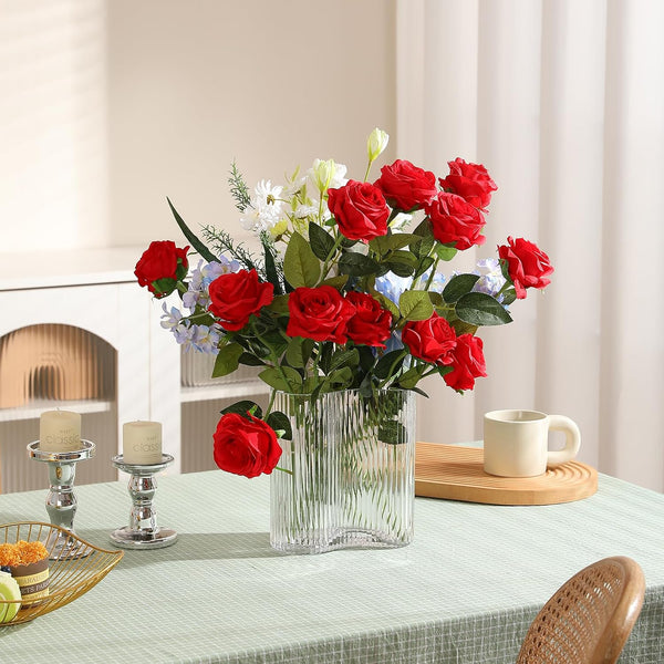 Hawesome 12PCS Artificial Silk Flowers Realistic Roses Bouquet Long Stem for Home Wedding Decoration Party (Red, 6 Flowers 6 Buds) Red 6 Flowers 6