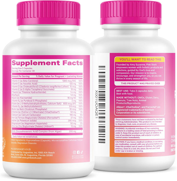 Pink Stork Total Prenatal Vitamins with DHA, Folate, Iron, Choline, and Vitamin B12 - Prenatals for Women to Support Fetal Development, Pregnancy
