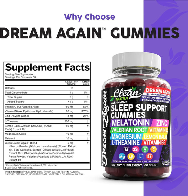 Clean Nutra Melatonin Gummies 10Mg | Sleep Aid Valerian Root L-Theanine Vitamin B6 C Lemon Balm Magnesium Hibiscus Beta Carotene Saffron &