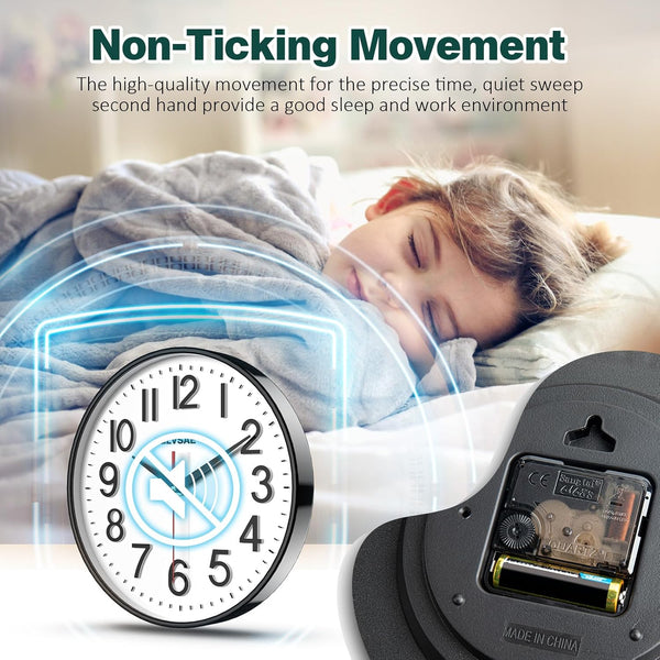 GLVSAE Wall Clock 12 Inches Non-Ticking Wall Clocks Battery Operated Large Easy to Read with Stereoscopic Dial Ultra-Quiet Movement Quartz for