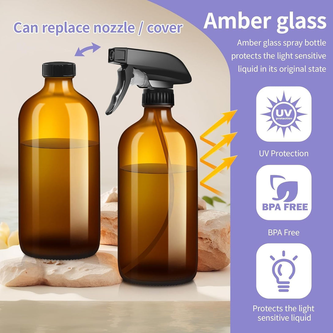 9 Pack Glass Spray Bottle 16Oz, Empty Amber Spray Bottle Refillable Container for Essential Oils,Cleaning Products,Aromatherapy Spray Device
