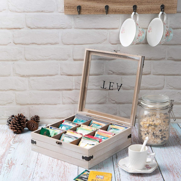 Gray 9 Compartment Rustic Tea Box Organizer for Tea Bags Coffee Pod | 9 compartment rustic gray tea box organizer holds tea bags coffee pods
