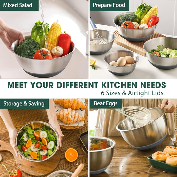 Umite Chef Mixing Bowls with Airtight Lids，6 piece Stainless Steel Metal Nesting Storage Bowls, Non-Slip Bottoms Size 7, 3.5, 2.5, 2.0,1.5, 1QT,