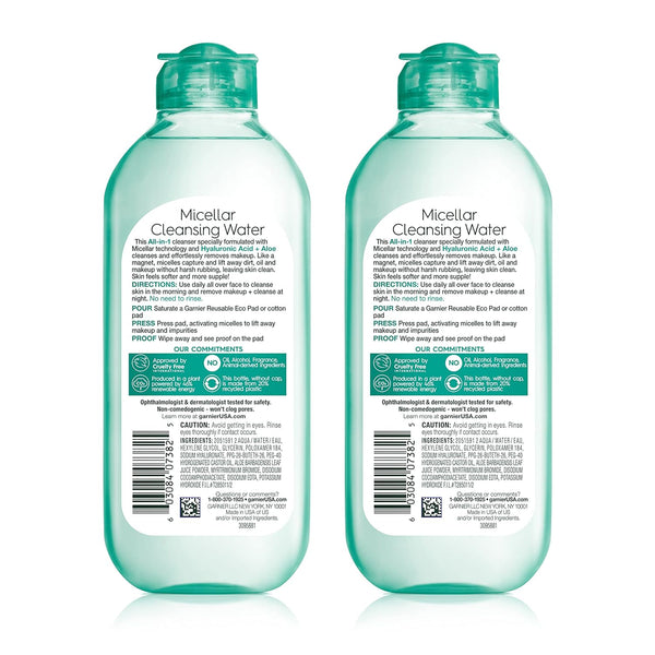 Garnier Micellar Water with Hyaluronic Acid, Facial Cleanser & Makeup Remover, Hydrating and Plumping, For All Skin Types, Vegan, Cruelty Free,