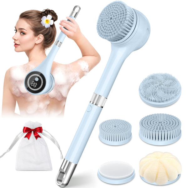 Electric Body Brush Back Scrubber for Shower, Waterproof Rechargeable Auto Bath Brush with Long Handle, 5 Replaceable Heads & 3 Speeds, Deep