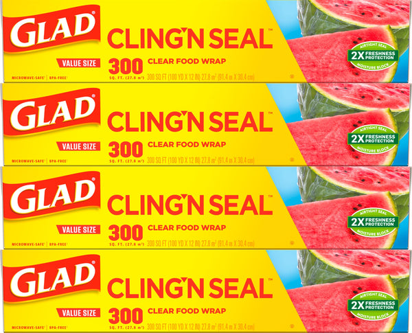 Glad Cling N Seal Plastic Wrap for Food, Airtight Seal, 300 Square Foot Roll (Pack of 4) 300 Sq Ft (Pack of 4)