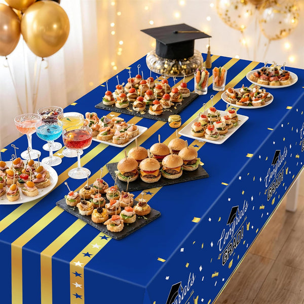 Childom 3 Pack Graduation Tablecloth,Graduation Decorations Class of 2026 Graduation Party Decorations,54"x108" Blue and Gold Plastic Table Cloth
