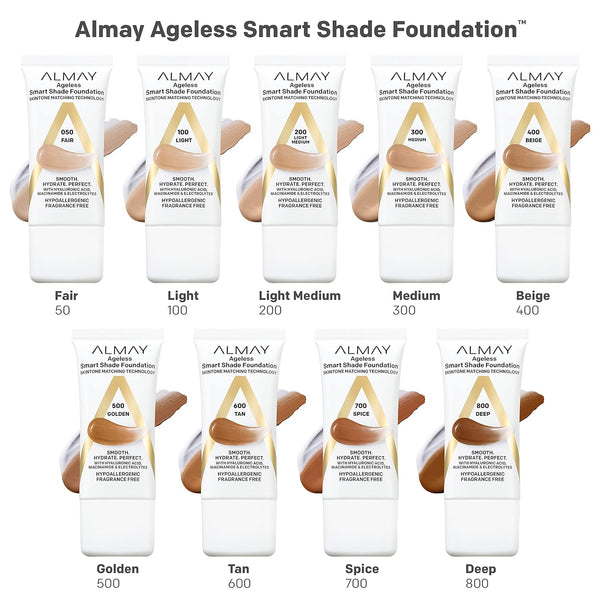Almay Anti-Aging Foundation, Smart Shade Face Makeup with Hyaluronic Acid, Niacinamide, Vitamin C & E, Hypoallergenic-Fragrance Free, 200 Light