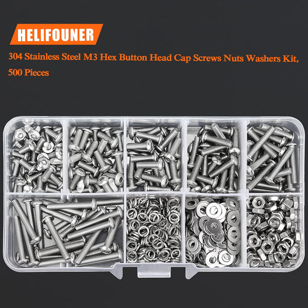 HELIFOUNER 500 Pieces M3 x 6mm /8mm /10mm /12mm /16mm /20mm, Hex Button Head Cap Metric Screws Bolts Washers Nuts Kit, 304 Stainless Steel