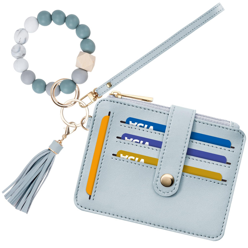 Wristlet Wallets for Women, Keychain RFID Blocking Credit Card Holder, Small Girly Wallet with Bracelet, Silicone Beaded Tassel Key Ring Card