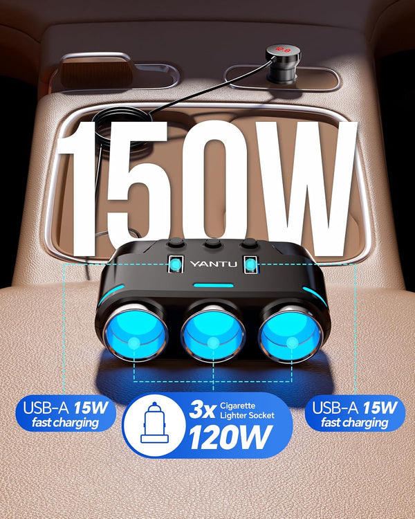 YANTU Cigarette Lighter Adapter & Splitter,150W 3-Sockets & LED Ambient Lighting, Dual USB Fast Charging Car Outlet 12V, Car Cigarette Lighter