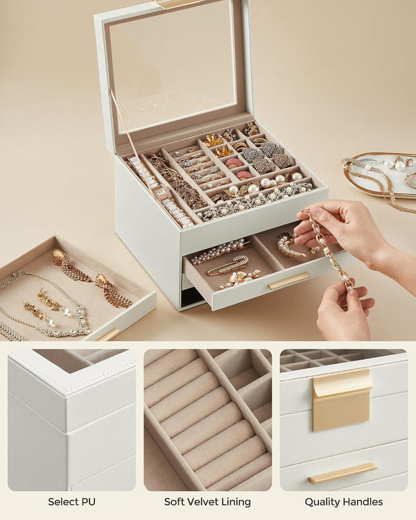 SONGMICS GISELLA Collection - Jewelry Box Organizer with Glass Lid, 4-Layer Jewelry Storage, with 3 Drawers, Modern Style, 8 x 9.1 x 6.5 Inches,
