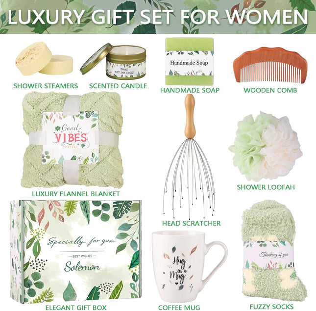 Solemon Green Gift Baskets for Women - Care Package for Women, Mom, Her, Wife, Sisters, Friend, Coworker, Grandma, St Pa
