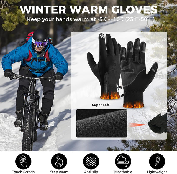 AURUZA Winter Gloves Men Women, Zipper Cycling Gloves Touch Screen, Windproof Warm Gloves Cold Weather, Anti-Slip Sports Gloves for Cycling