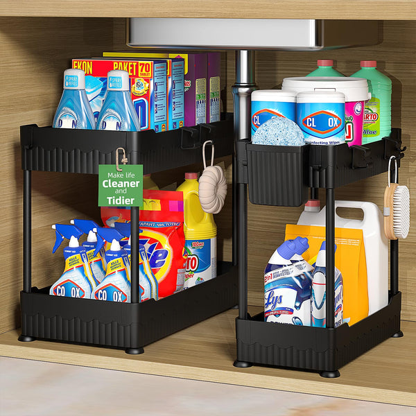 Sevenblue 2 Pack Under Sink Organizer, Under Bathroom Cabinet Organizer with Hooks Hanging Cup, Multi-Purpose Storage Shelf for Kitchen Bathroom,