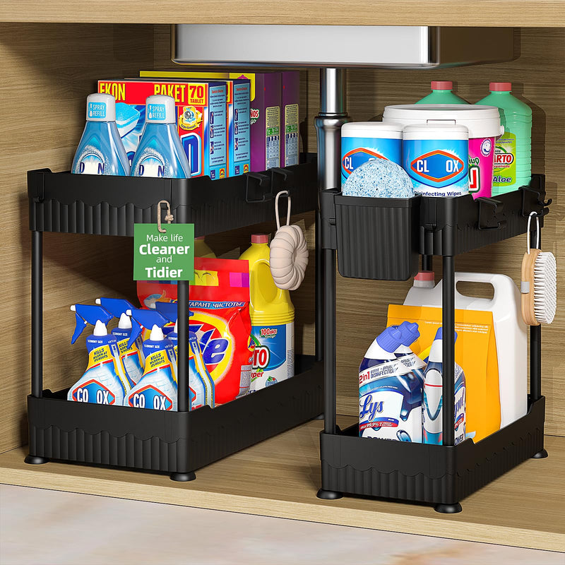 Sevenblue 2 Pack Under Sink Organizer, Under Bathroom Cabinet Organizer with Hooks Hanging Cup, Multi-Purpose Storage Shelf for Kitchen Bathroom,