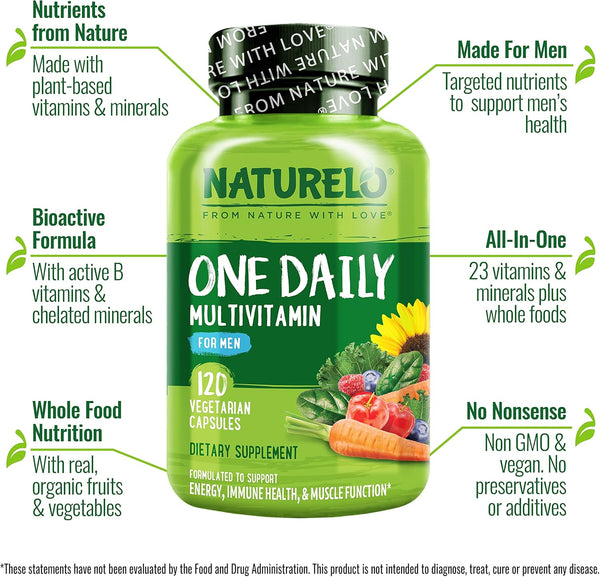 NATURELO Mens Multivitamins - One Daily Multivitamin for Men with Vitamins, Minerals & Organic Whole Foods, Boost Energy & Health, Non-Gmo, 120