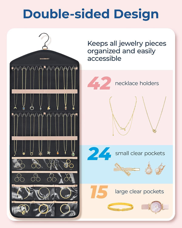 BAGSMART Hanging Jewelry Organizer with Hanger Metal Hooks Double-Sided Jewelry Holder for Organizing Earrings Necklaces Rings Perfect for in