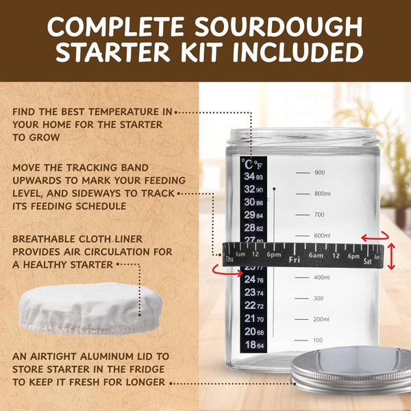 Complete Sourdough Bread Starter Kit, Glass Sourdough Starter Jar Kit & Tons of Sourdough Bread Baking Supplies - Sourdough Starter Kit Includes