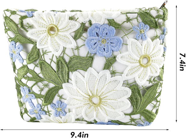 URSKYTOUS Flower Makeup Bags Travel Large Floral Cosmetic Bag for Women Cute Makeup Pouch Zippered Portable Toiletry Bag Lace Trendy Aesthetic