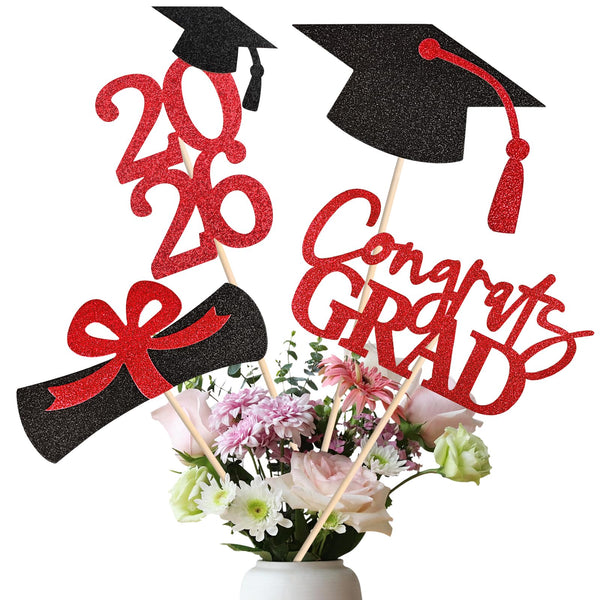 20 PCS Graduation Decorations Class of 2025, Black and Red Double-Sided Centerpieces, Grad Cap Sticks, Table Toppers, Graduation Party Decorations