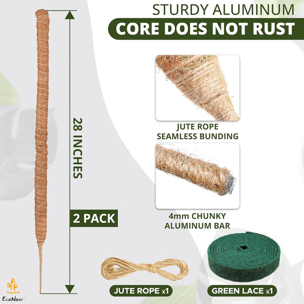 EcoNour 2 Pack Moss Poles for Plants – 28" Monstera Plant Support Stakes, Coir Plant Sticks for Indoor Climbing Plants, Pothos, Philodendron &