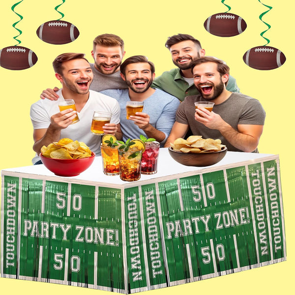 3 Pack Football Party Zone Metallic Fringe Table Skirt, Green and White, 50 Yard Line Design, Game Day Decoration, Footbale Table Decoration