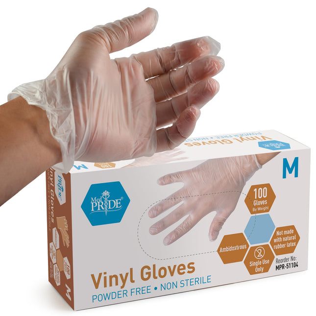 Med PRIDE Vinyl Gloves| Medium Box of 100| 4.3 Mil Thick, Powder-Free, Non-Steri