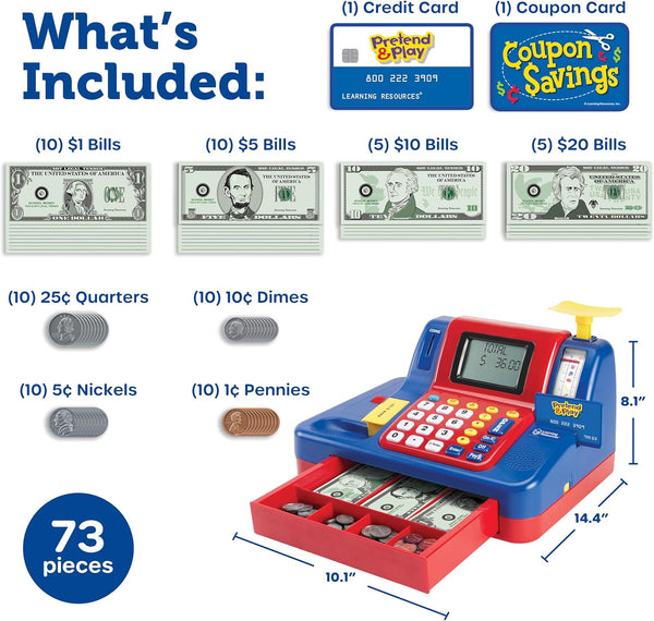 Learning Resources Pretend & Play Teaching Cash Register, 73 Piece Set, Ages 3+, Talking Register, Counting Activities, Money Management