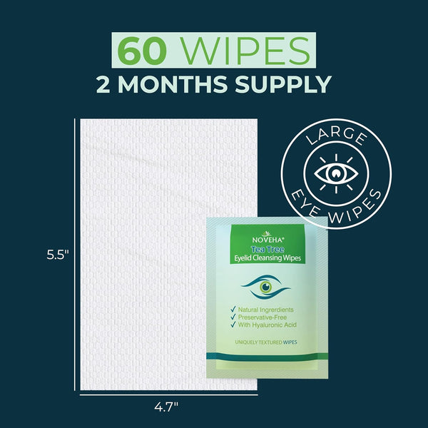 NOVEHA 60Pcs Tea Tree Oil Eyelid & Lash Wipes | with Hyaluronic Acid, Green Tea & Chamomile for Blepharitis, Itchy & Stye Eyes, Individually