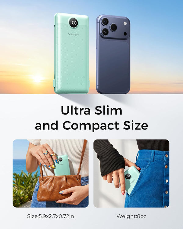 VEGER Portable Charger for Iphone with Built in Cables and Wall Plug, 10000Mah Slim Fast Charging USB C Power Bank, Travel Essential Battery Pack